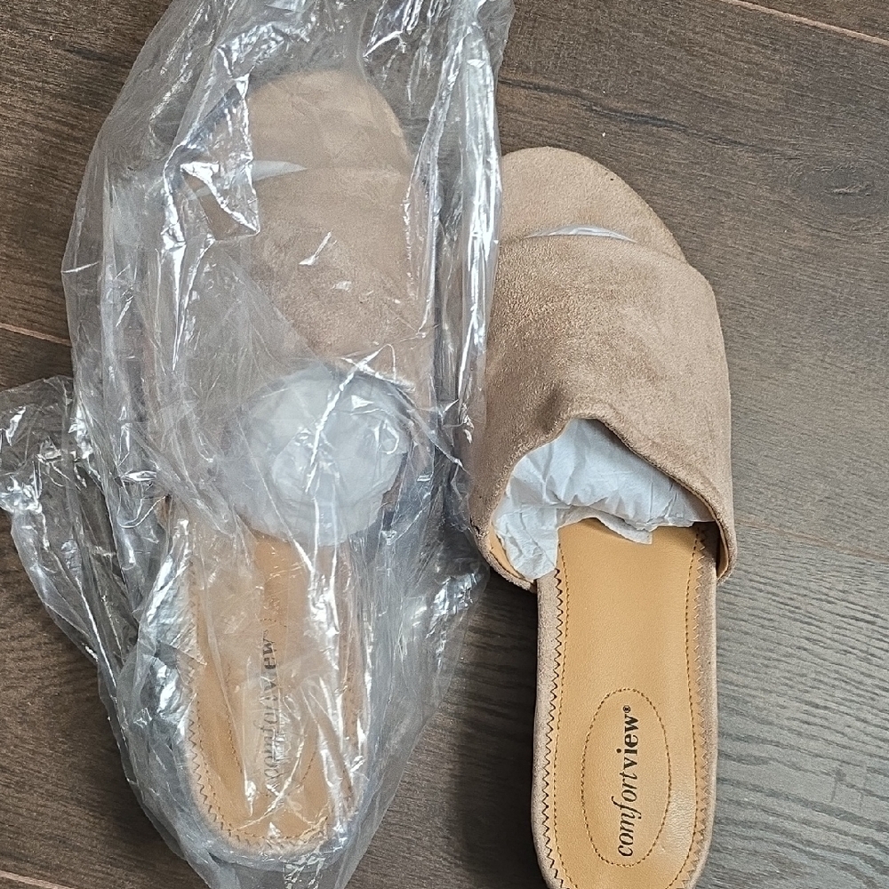 Tan Suede Slip-On Sandals with Wide Strap